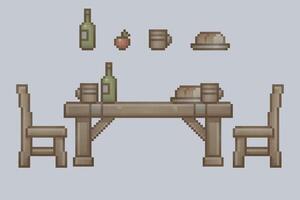 wooden dining table set with foods and drinks in pixel art style vector
