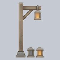 wooden street torch lamp in pixel art style with isolated background vector