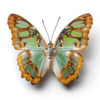 A vibrant green and orange butterfly with intricate wing patterns displayed against a clean white background. photo