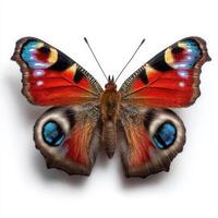 A vivid peacock butterfly with striking red, blue, and yellow eyespots on its wings, displayed against a clean white background. photo