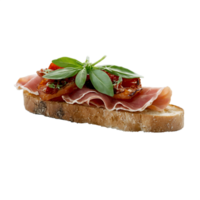 Bruschetta with prosciutto, tomato, and basil, fresh ingredients, italian appetizer png