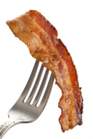 Crispy bacon on fork isolated on transparent background, breakfast food, smoky flavor, meat, appetizing png