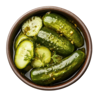 Pickled cucumber in a bowl showcasing a vibrant green color and tangy flavor profile, Pickled cucumber in a bowl top view isolated on Transparent background png