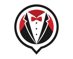 Stylish and elegant tuxedo logo design with red bow tie and round frame concept vector