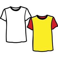 illustration of two simple outlined t-shirts in white and yellow with red sleeves. vector