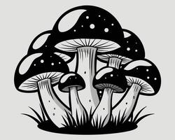 illustration of a cluster of stylized mushrooms with white spots growing from grass. vector