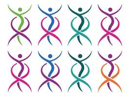 Abstract colorful human figure designs with arms raised in diverse color combinations against a white background. vector
