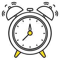 Classic illustration of a ringing alarm clock with a black outline and yellow accents on white background vector