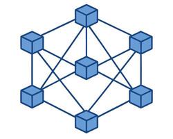 Abstract illustration of connected cubes representing a decentralized data network in blue. vector