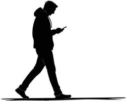 Silhouette of a person walking while using a smartphone against a white background vector