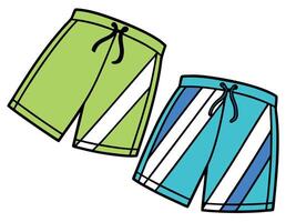 Two colorful swimming shorts with white stripes and drawstrings perfect for summer and beach vacations vector