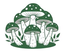 illustration of a group of detailed green mushrooms with white dotted caps and stems. vector