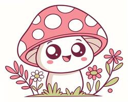 Cute smiling mushroom character with pink polka dot cap surrounded by flowers and greenery vector