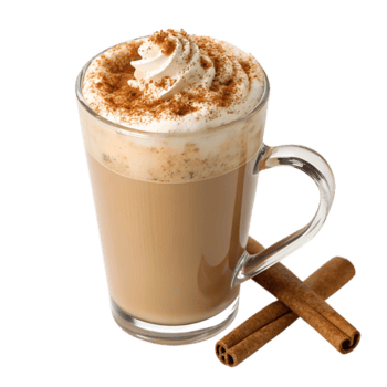 warm Latté im ein hoch Becher, gekrönt mit Zimt Pulver und Stock, cremig Schaum auf oben png