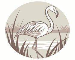 Elegant illustration of a flamingo standing in a calm natural environment within a circular frame vector