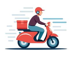 Delivery person on a scooter transporting a package with speed against a white background vector