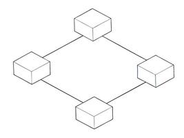 Simple geometric diagram illustrating connections between four cubes in a network structure vector