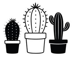 Three black and white cactus plants in pots illustrating desert succulents graphics vector