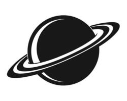 Black and white minimalist illustration of a planet with rings for space exploration concepts vector