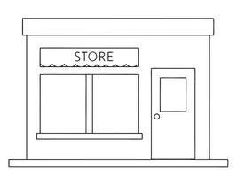 simple black and white illustration of a storefront building with displayed prominently. vector