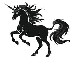 Elegant black unicorn silhouette illustration isolated on white background in dynamic pose vector