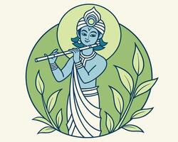 Divine illustration of lord krishna playing a flute with decorative floral elements in a circular design vector