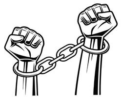 Symbolic black and white illustration of fists clenched in shackles representing freedom vector