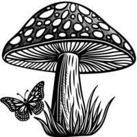 Black and white artistic illustration of a mushroom with a butterfly and grass in the forest vector