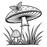 Simple and elegant illustration featuring a butterfly atop a large mushroom and other small mushrooms. vector