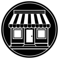 Simple black and white illustration of a shopfront or store in a circular emblem design vector