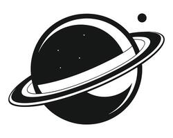 Black and white simple illustration of planet with rings and a small celestial body vector
