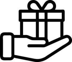 Outline illustration of a hand presenting a wrapped gift box with a ribbon bow for giving vector