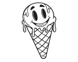 Cheerful cartoon ice cream cone illustration with smiling face and drips on white background vector