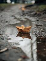 Tiny Paper Boat Navigates a Puddle Carrying a Small Package During a Rainy Day in a Quiet Park photo