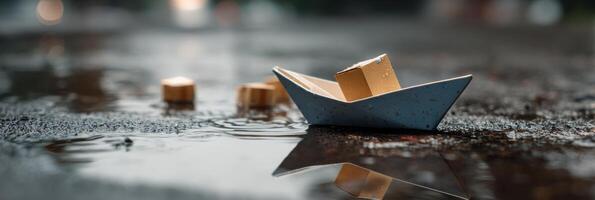 Tiny Paper Boat Navigates Puddle Carrying Small Package on a Rainy Day photo