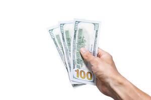 Hand holding amount of money isolated on white background. After edits. photo