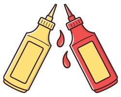 Cartoon illustration of mustard and ketchup bottles with dripping sauce elements vector