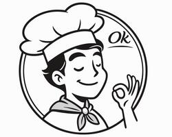 Cartoon chef giving ok sign within circular frame representing culinary excellence and satisfaction vector