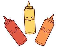 Adorable illustration of smiling ketchup mustard and mayonnaise bottles on white background vector