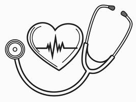 Illustration of a heart shape with ekg line and a detailed stethoscope in black and white vector