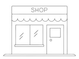 Simple black and white line drawing of a storefront featuring a shop sign and awning vector