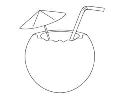 Outline illustration of a fresh coconut drink with straw and decorative umbrella for summer vector