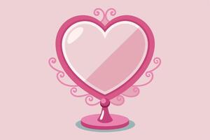 Elegant pink heart-shaped mirror with decorative swirls and stand design vector