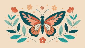 Flat illustration of a colorful butterfly with flowers and foliage design vector