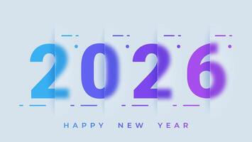 Modern and minimal New Year 2026 illustration featuring transparent glass effects. The design uses a clean gradient from blue to purple, with elegant typography and futuristic decorative elements. vector