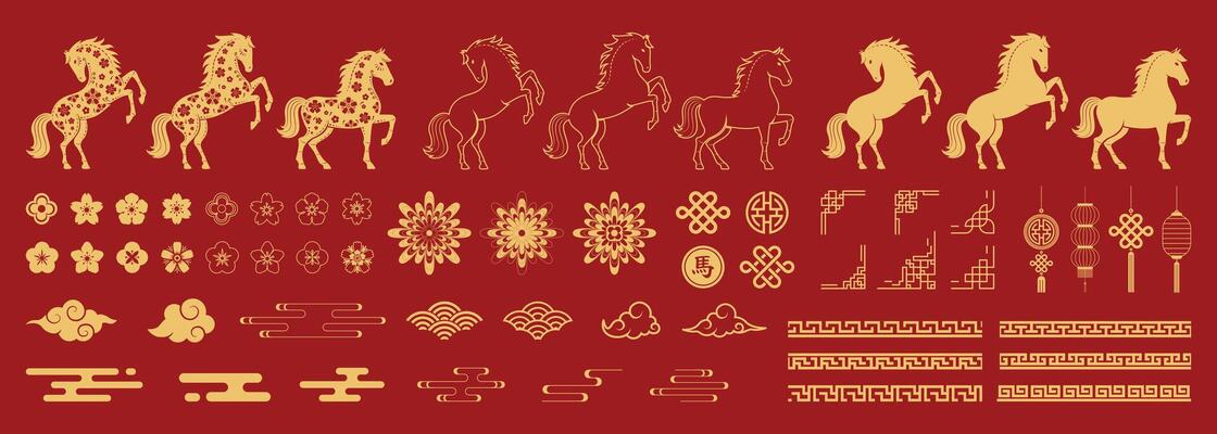 Chinese New Year 2026 icon set. Includes lanterns, horse, clouds, flowers, and traditional decorative