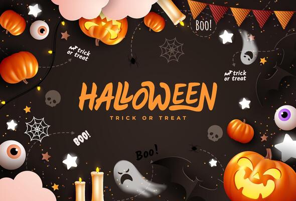 Happy Halloween trick or treating with pumpkins, spider webs, bats and spooky eyes. Spooky website, Halloween background or banner template