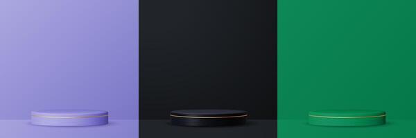 3D realistic podium display set in three color variations. purple, black, and green. vector