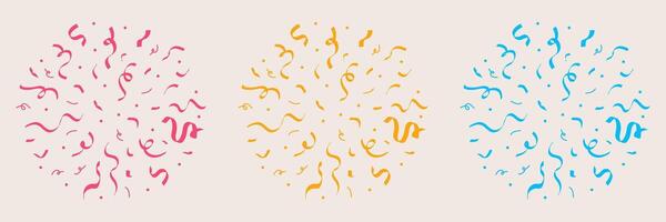 Set of burst of vibrant confetti made from geometric shapes and lines. Hand drawn in a playful flat style on a light background. perfect for celebration or festive designs. vector