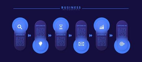 Infographic label design template featuring icons and six distinct steps. Ideal for process charts, presentation slides, workflow schemes, banners, flow diagrams, and data visualizations vector